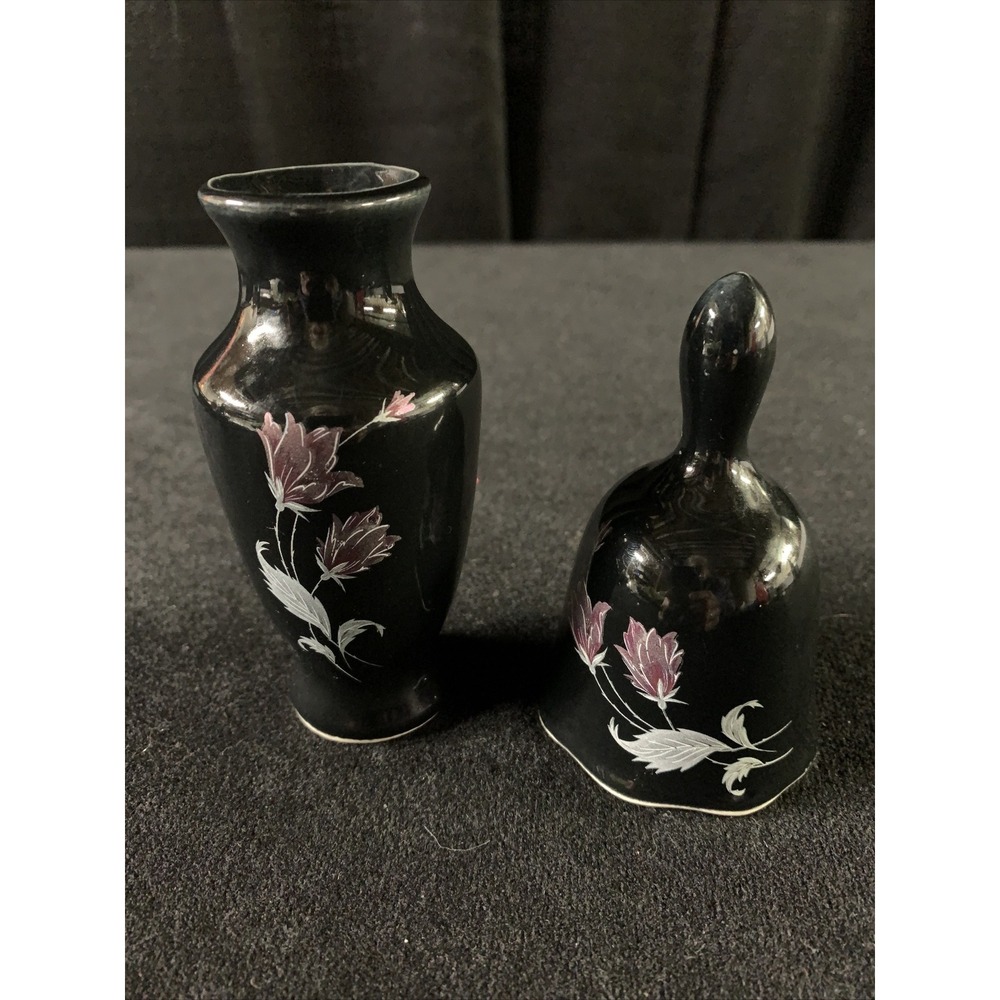 Vintage Mini Black Porcelain Vase & Dinner Bell Purple Lotus Flower Set 4"